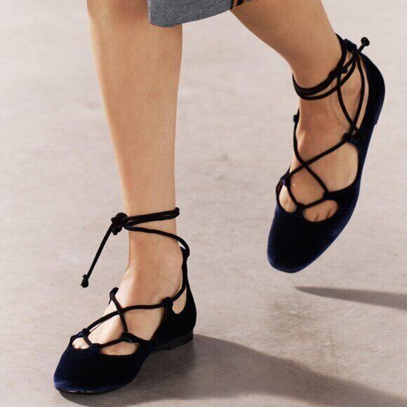 💙 ZARA Velvet Ballet Flats NWT | Ankle Wrap Tie Closure Navy Blue 7.5–9 - Picture 7 of 16